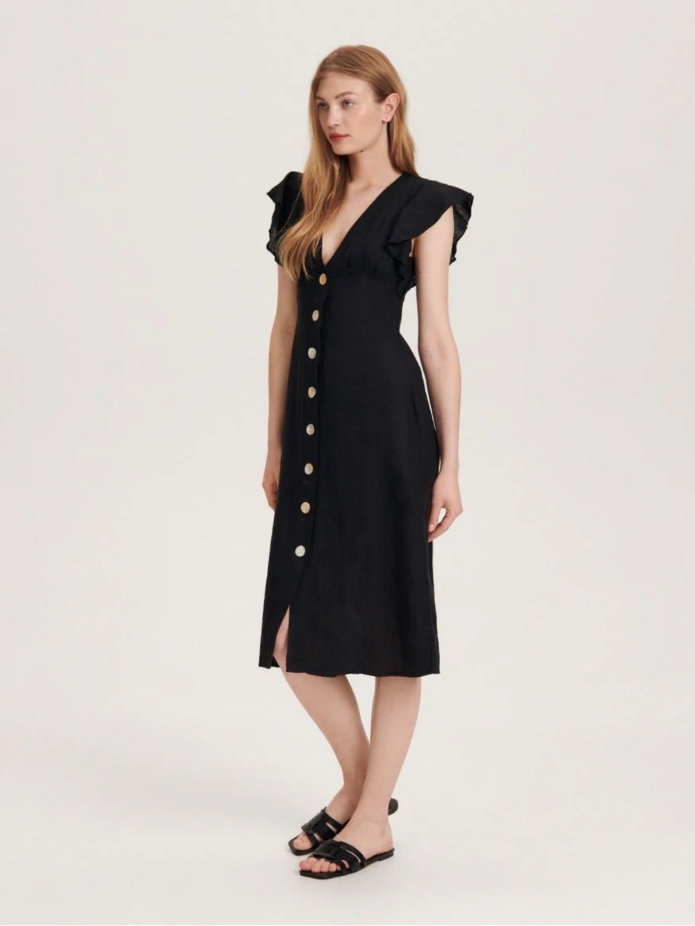 Anthropologie Charlie Holiday Black Button-Front Midi Dress with Flutter Sleeves